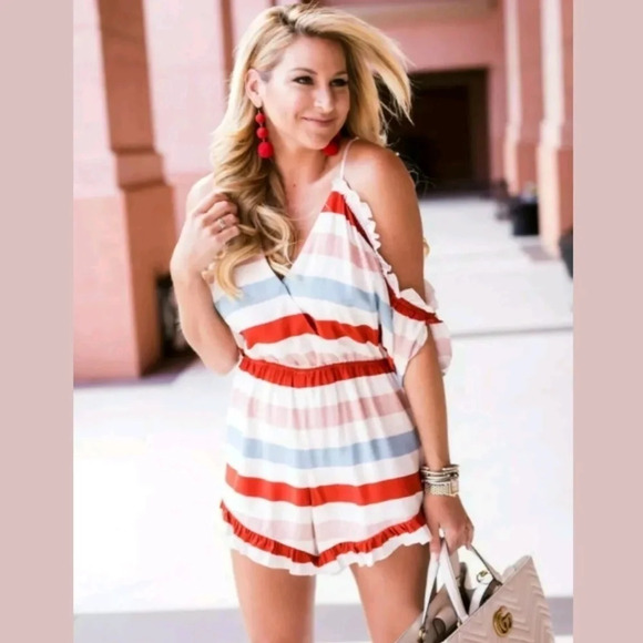Lovers + Friends Pants - Lovers+Friends Malia Bold Striped Romper Ruffled Rainbow One Piece Cold Shoulder